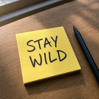 A sticky note with the words STAY WILD handwritten in marker